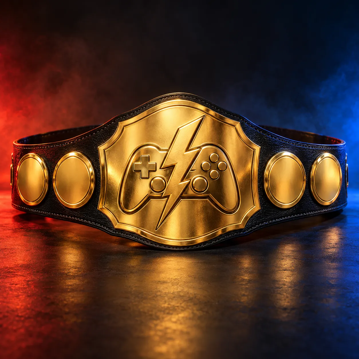 Kid-sized RumbleRig championship belt with a gold center plate