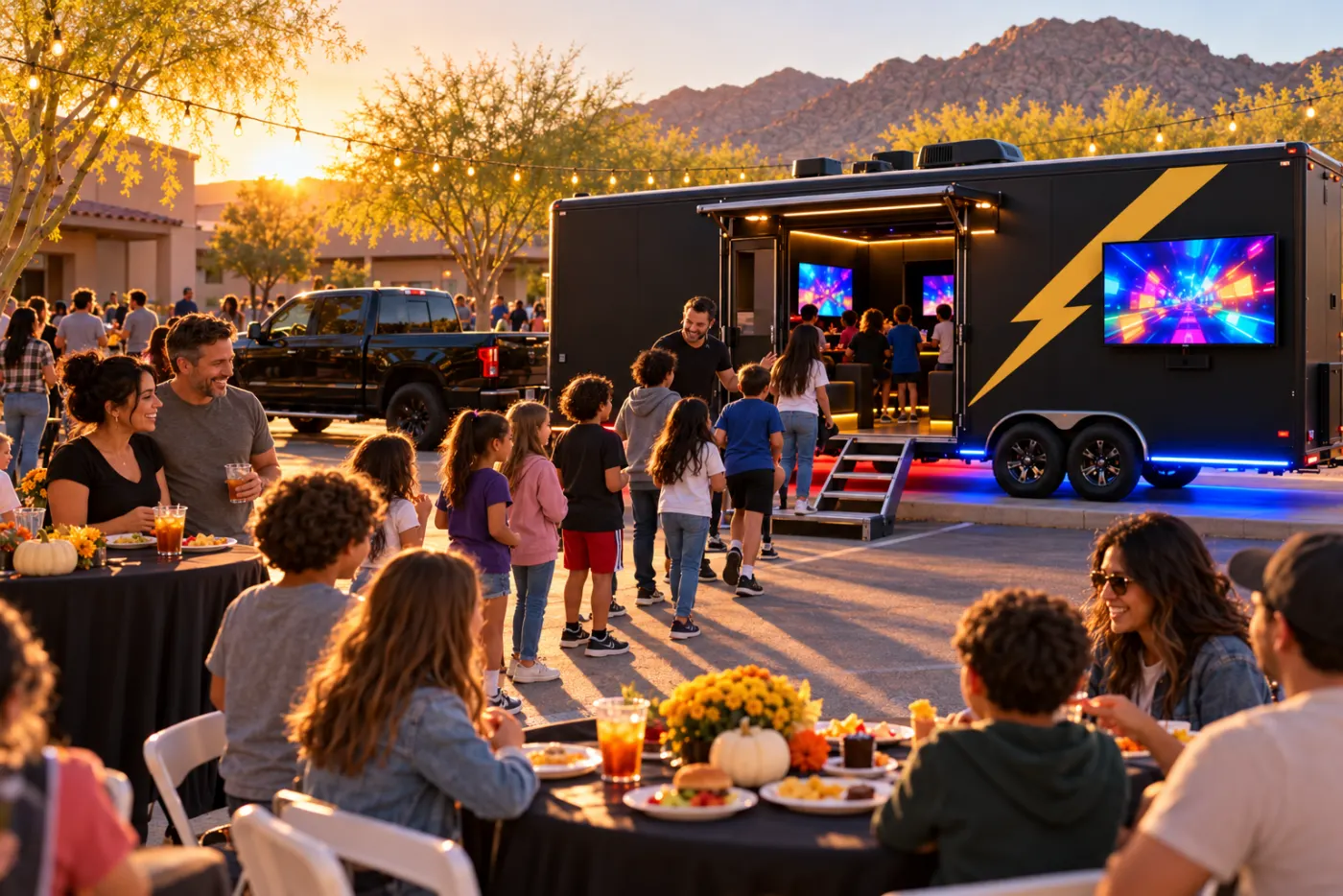 Kids lining up at the game trailer's steps at an evening school festival