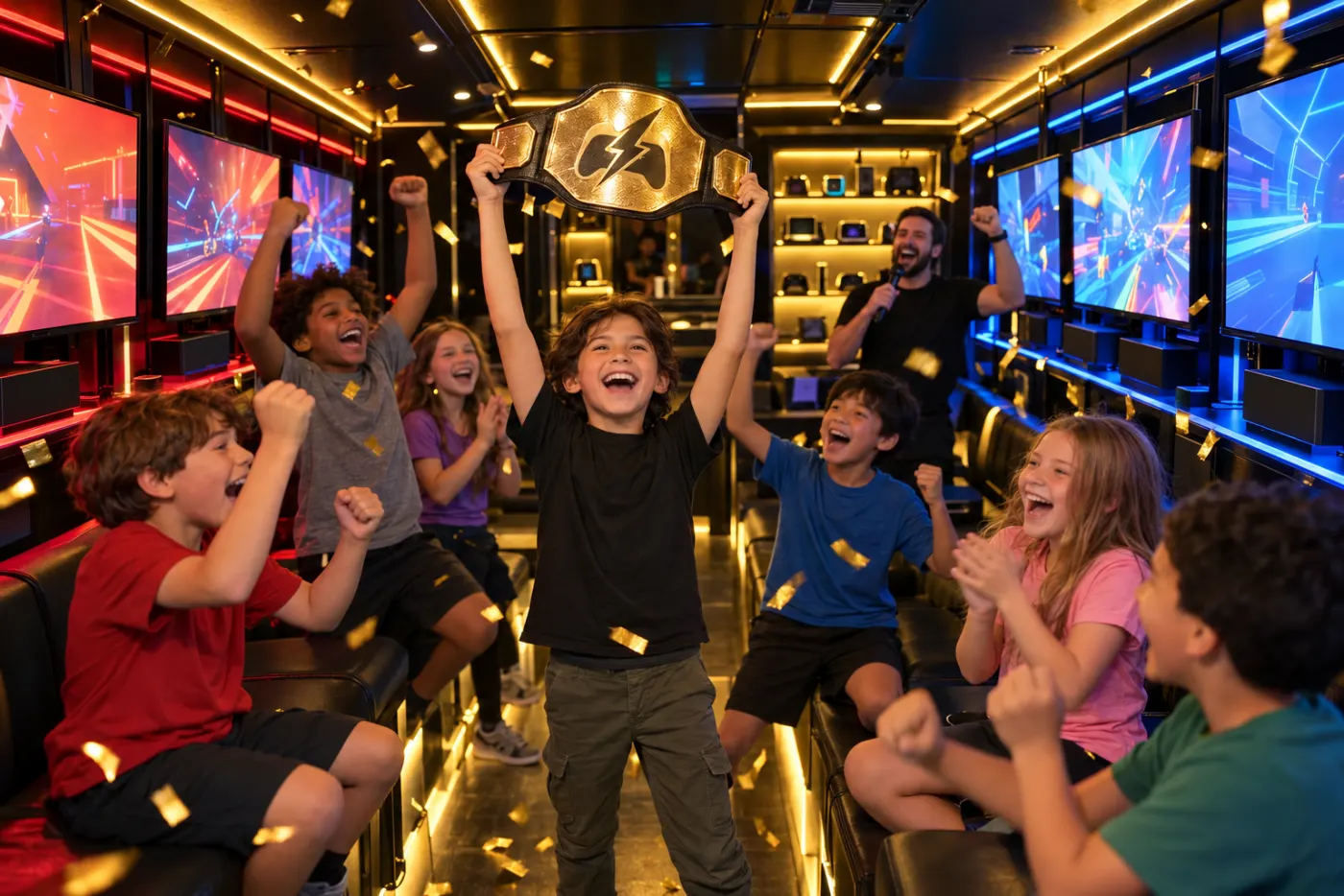 Birthday champion holding a gold championship belt overhead inside the game trailer while friends cheer