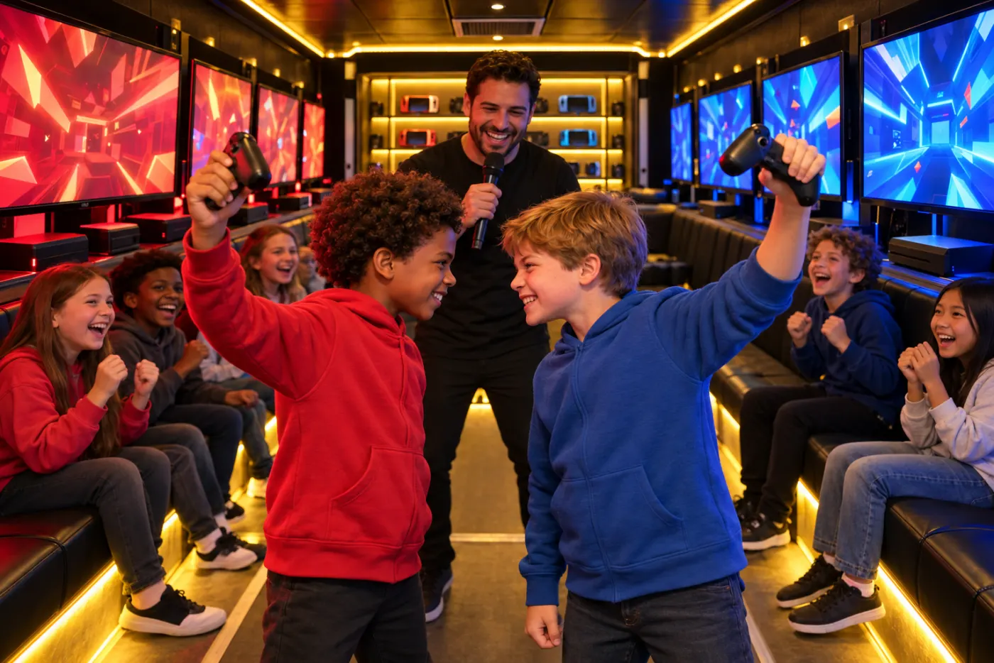Two kids grinning nose to nose with controllers in hand inside the game trailer, red and blue screens behind them