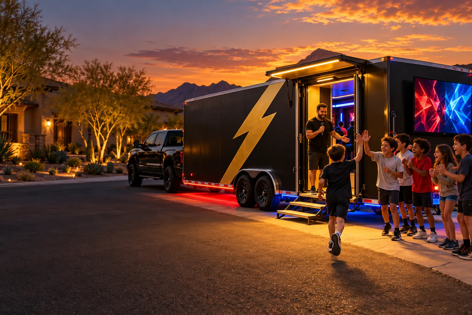 The black and gold RumbleRig game trailer parked at a suburban curb at dusk as the birthday kid runs toward its glowing door