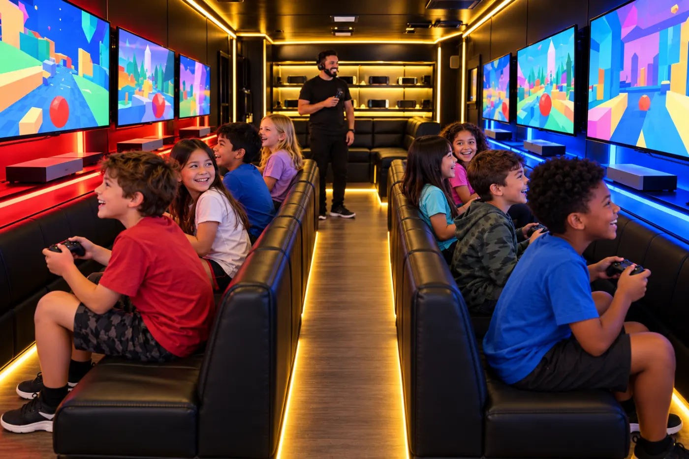Kids gaming side by side on stadium benches inside the trailer, red screens on one wall and blue on the other