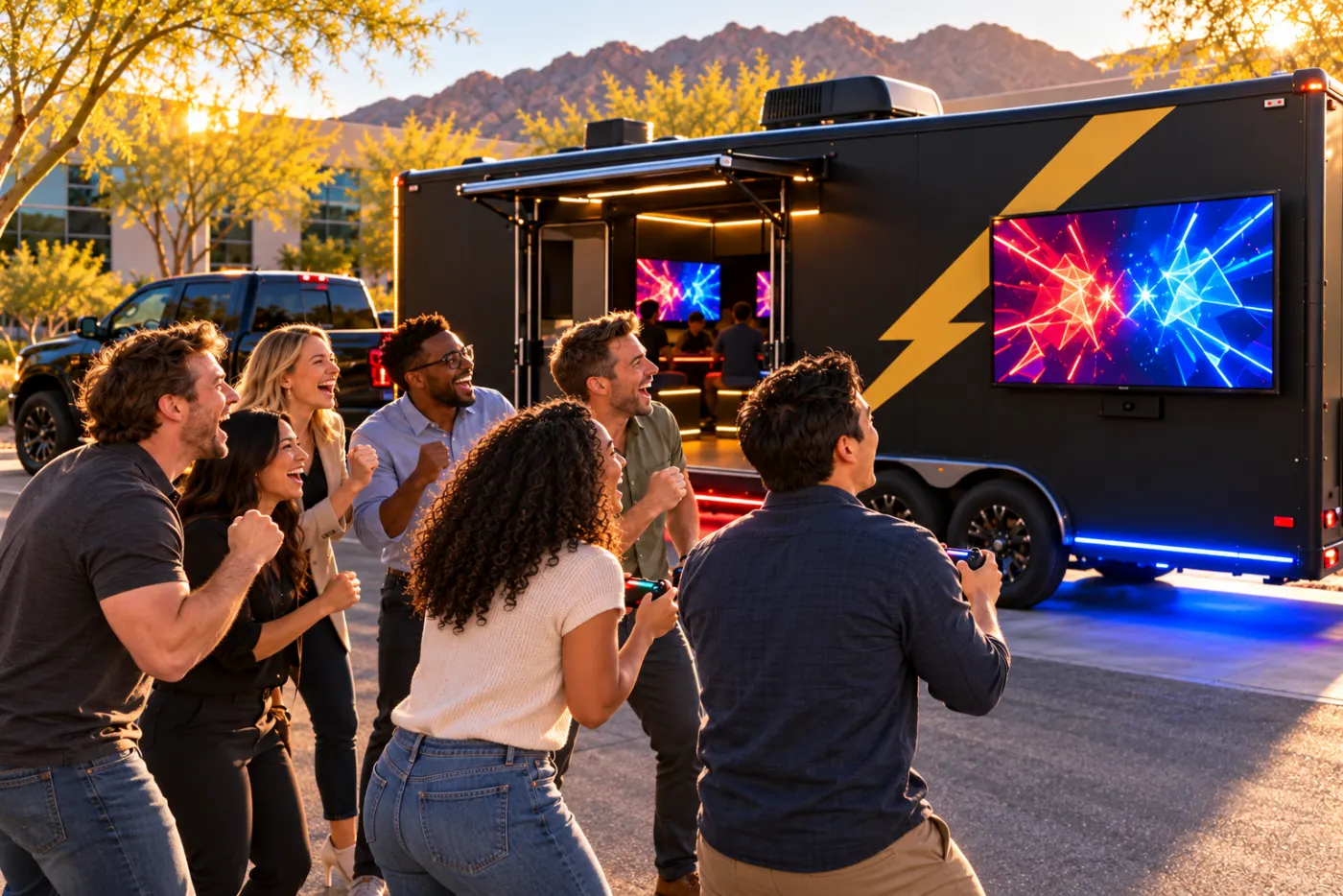 Coworkers cheering at the game trailer's outdoor screen in an office parking lot